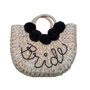 Handwoven‎ Straw Tote Bag "Bride" Embroidered Pom Pom Summer Basket Purse